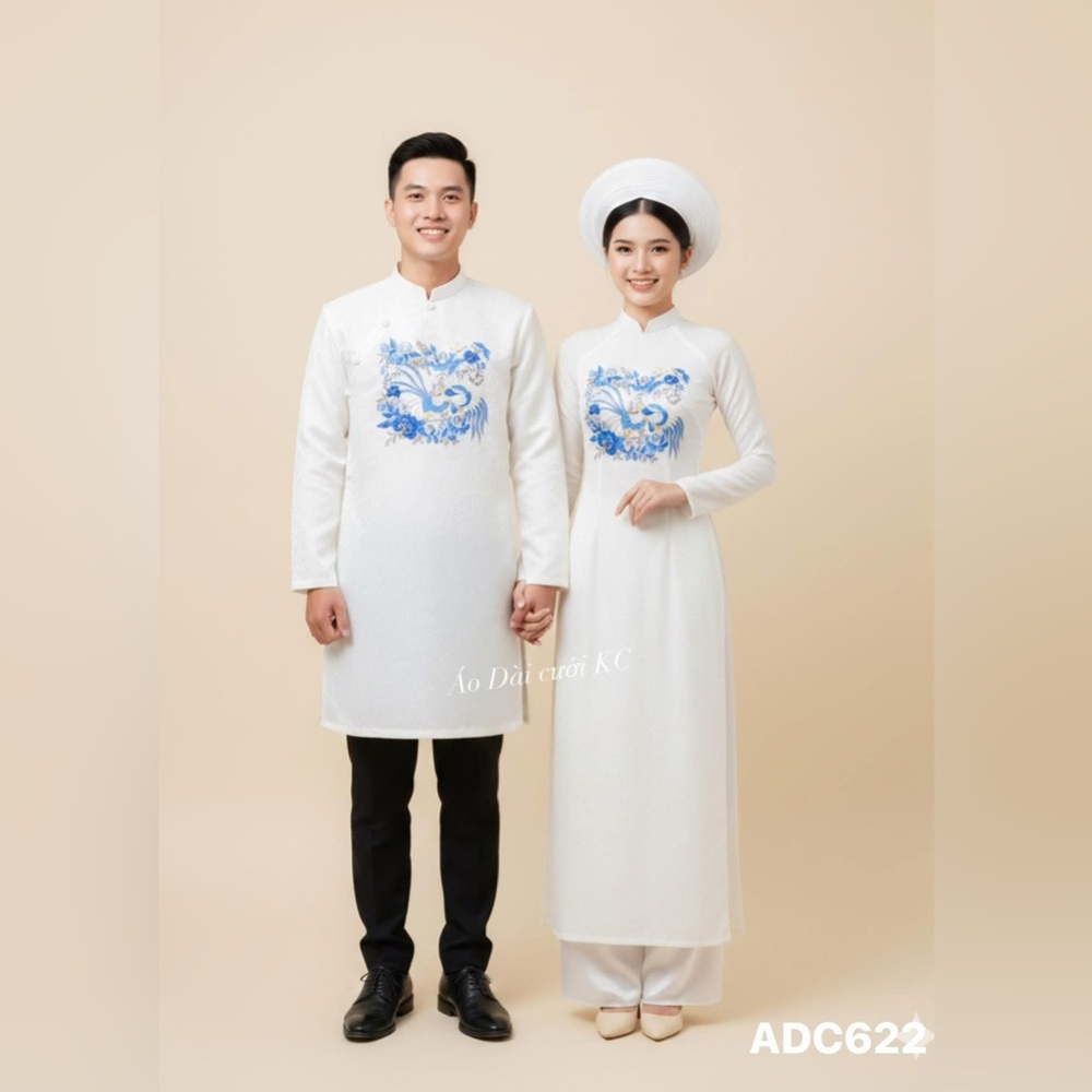 Traditional White and Blue Embroidered Aodai